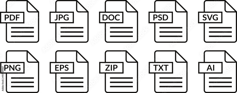 Poster file format symbols, web format information, file format flat line symbol set vector illustration.