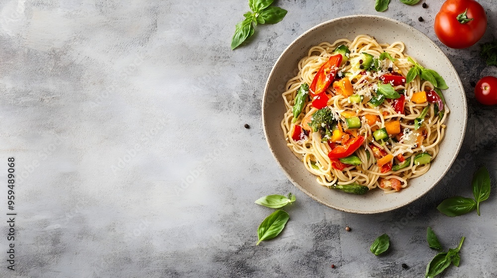 Poster appetizing and nutritious noodle stir fry dish with variety of colorful vegetables presented on a wo