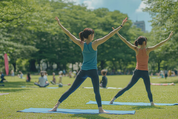 Naklejka premium Two Women Practicing Yoga in a Park