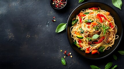 Delectable noodle stir fry dish featuring an array of colorful fresh vegetables in a savory sauce served on a plate and ready to be enjoyed as a satisfying meal