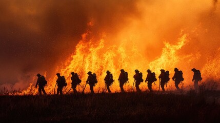 Fototapeta premium Silhouettes of firefighters battling a wildfire.