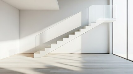 Obraz premium Modern White Staircase with Glass Railing Leading to a Balcony with a View