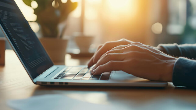 Focused hands typing code on a laptop with warm sunlight streaming through the window, creating a productive and peaceful atmosphere ideal for programming and creative work.