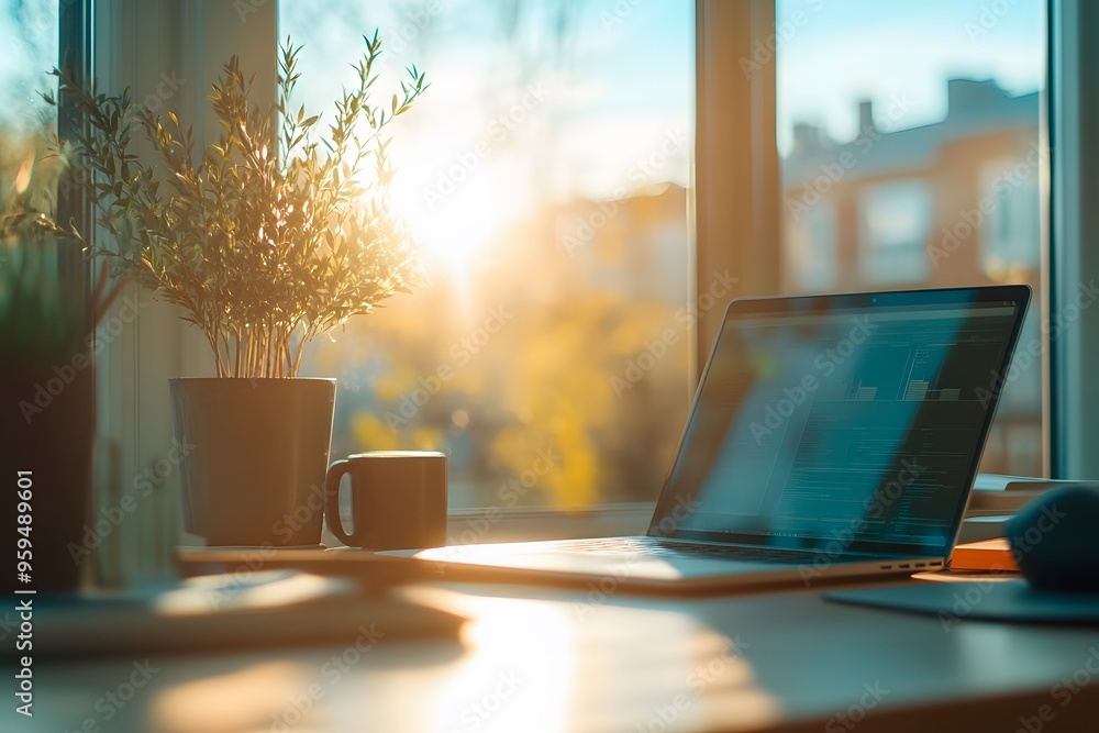 Poster a laptop computer on a desk with sunlight streaming in through a window