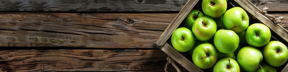 Flat lay arrangement of a wooden box containing fresh green apples on a rustic wooden surface with area for text.