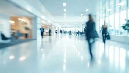 Blurred view of people walking in a modern office building hallway with a bright, white tiled floor and a lot of natural light coming through the windows.