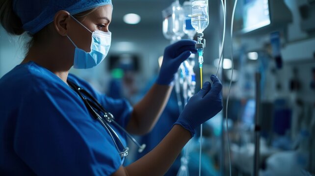 Healthcare professional administering intravenous therapy in a hospital setting with focus on patient care and medical equipment.