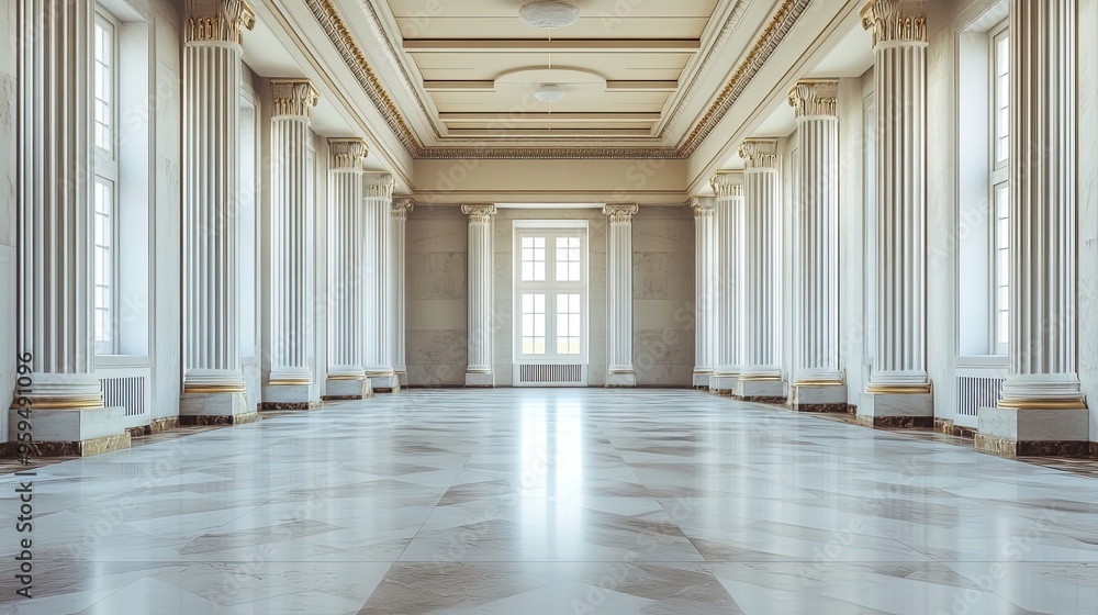 Poster empty hallway with marble floor and classical columns