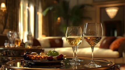 3D-rendered wine glasses and tapas in a rich and opulent lounge setting