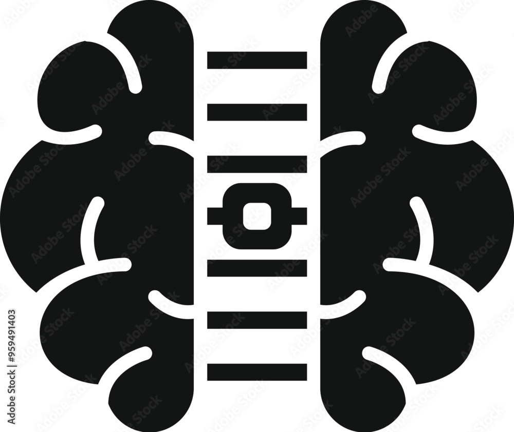 Poster this black and white vector icon shows a microchip embedded in a brain, representing artificial inte