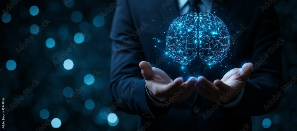 Aufkleber a businessman holds a glowing digital brain in his hands, representing innovation and technology.