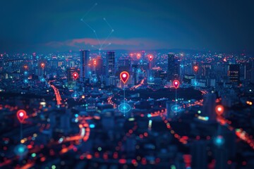 Cityscape with glowing location markers