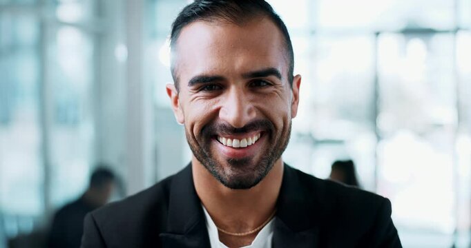Smile, corporate and professional with business man in office for internal auditor, financial organization and consultant. About us, asset management and portrait of male person in actuary firm