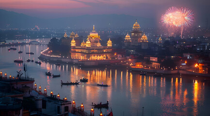 Obraz premium Illuminated Cityscape with River, Bridge, and Fireworks - Photo