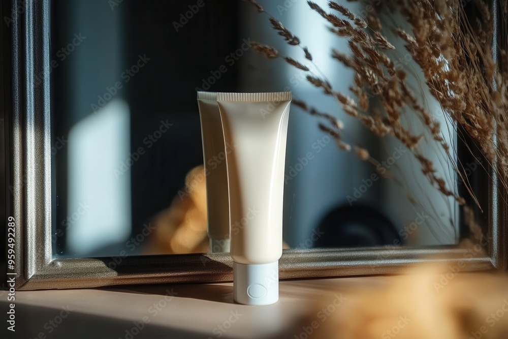 Aufkleber a tube of cream rests in front of a mirror, capturing ambient light and reflections of nearby dried 