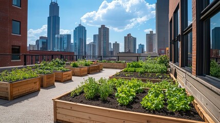 Fototapeta premium Urban Rooftop Garden with City Skyline View