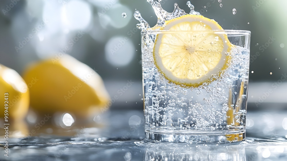 Poster lemon slice dropping into a glass of sparkling water creating a dynamic and refreshing splash with a