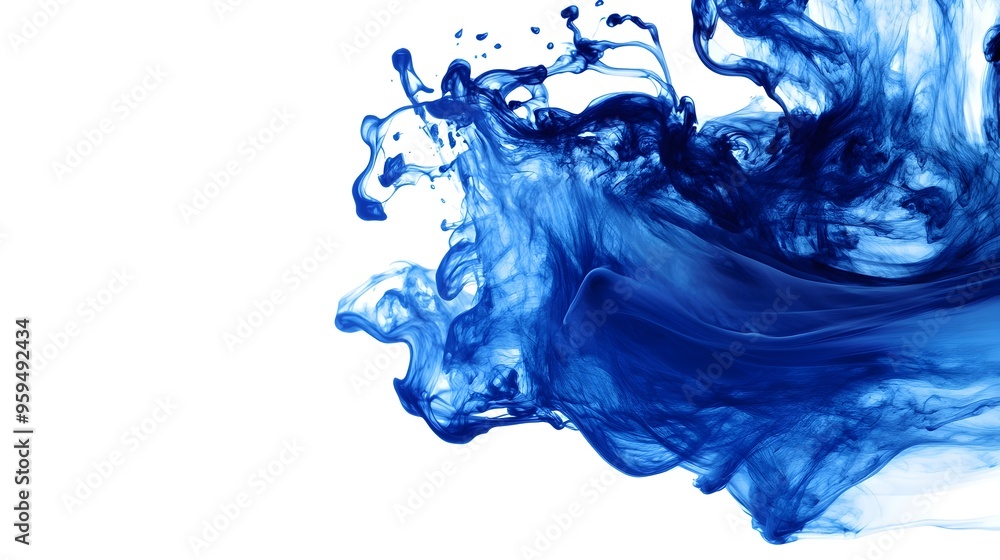 Poster photograph of a dynamic blue ink splash spreading and creating patterns as it flows through the wate