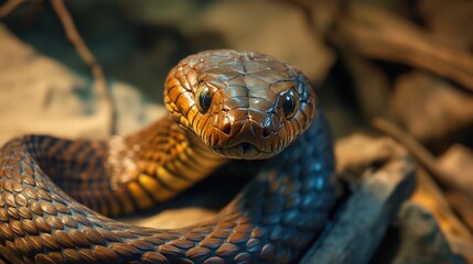 Fototapeta premium Coiled Venomous Snake Lurking in the Wild Undergrowth