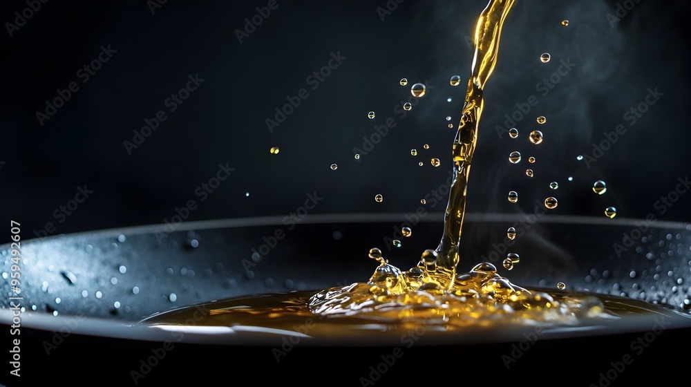 Poster vibrant splash of oil leaping in frying pan with captivating patterns abstract and cooking or kitche