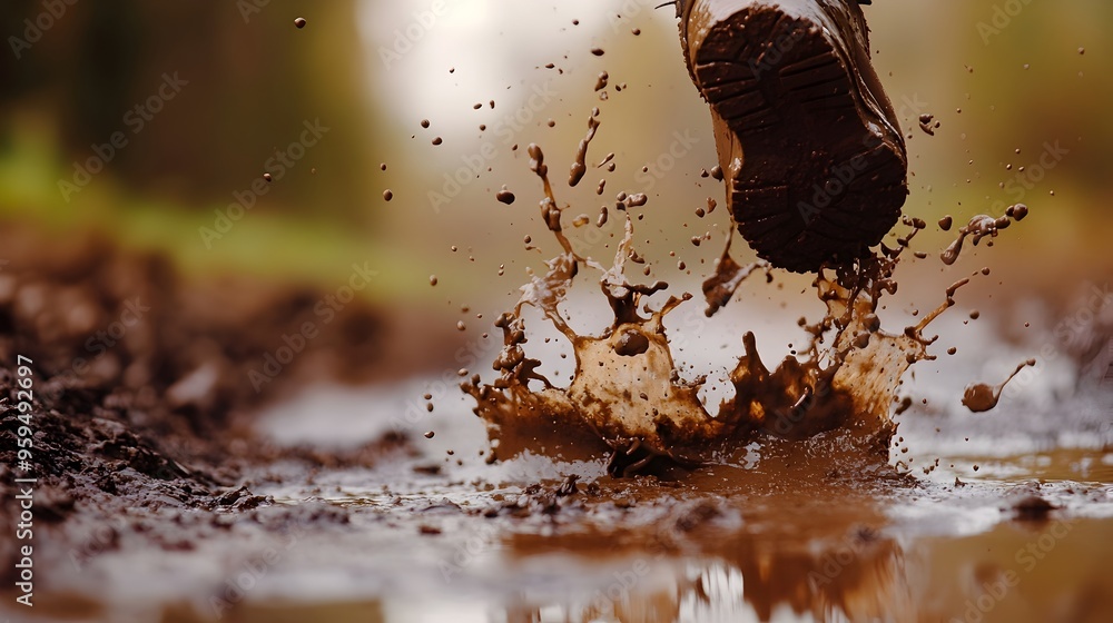 Poster capturing the dramatic splash of mud as a foot steps into a puddle showcasing dynamic movement and a