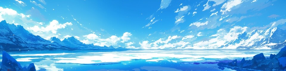 Obraz premium Enchanting Anime-Style Winter Landscape: Frozen Lake, Snowy Scene, and Blue Sky with Distant Mountains. Cultural Inclusivity in Seasonal Art for Interior Decor. Freedom-Inspired Wall Art for Kitchen a