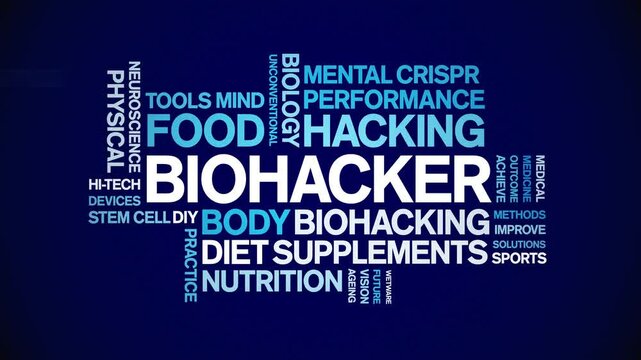 Biohacker animated word cloud;text design animation tag kinetic typography seamless loop.
