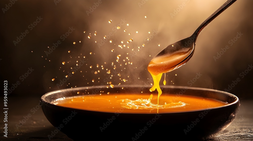 Poster vibrant splash of hot soup as spoon hits the surface with droplets soaring out of the bowl creating 