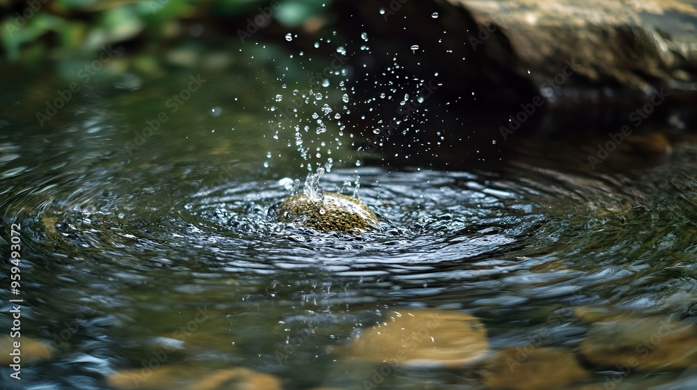 Poster splash of water as a rock is thrown into a pond capturing the dynamic ripple effect and droplets in 