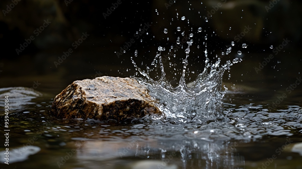 Poster dramatic splash of water captured as a rock is tossed into a tranquil pond creating a captivating ri