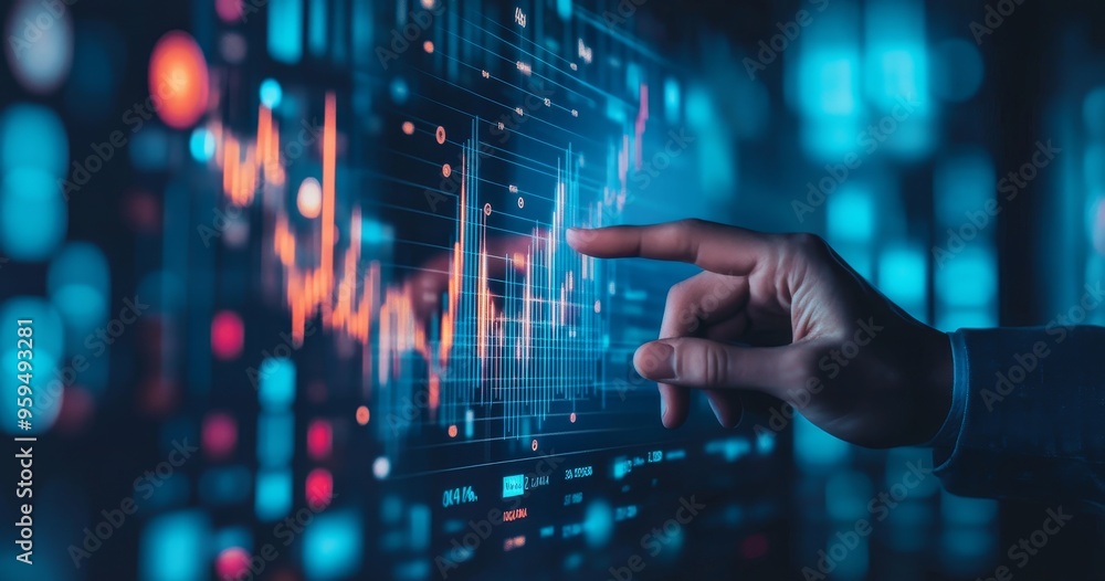 Poster A hand reaches out to touch a digital screen with stock market data displayed.