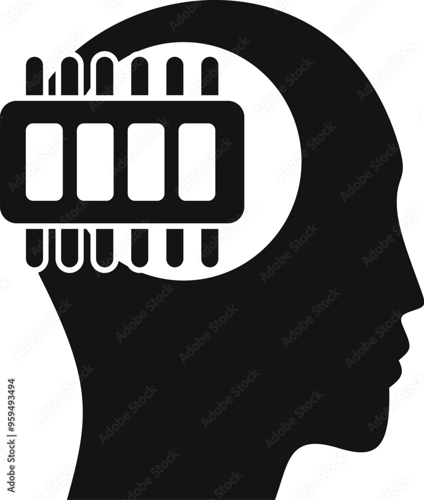 Poster simple vector icon of a human head silhouette with a computer chip replacing the brain