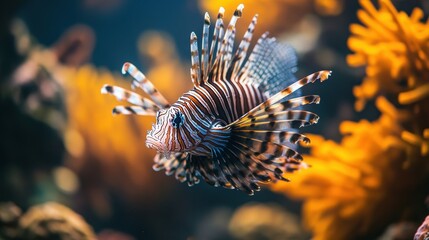 Venomous Lionfish Swimming in Vibrant Coral Reef Underwater Scene