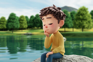 Fototapeta premium Thinking cartoon character young boy teen in yellow sweater 3d style design on nature backdrop.