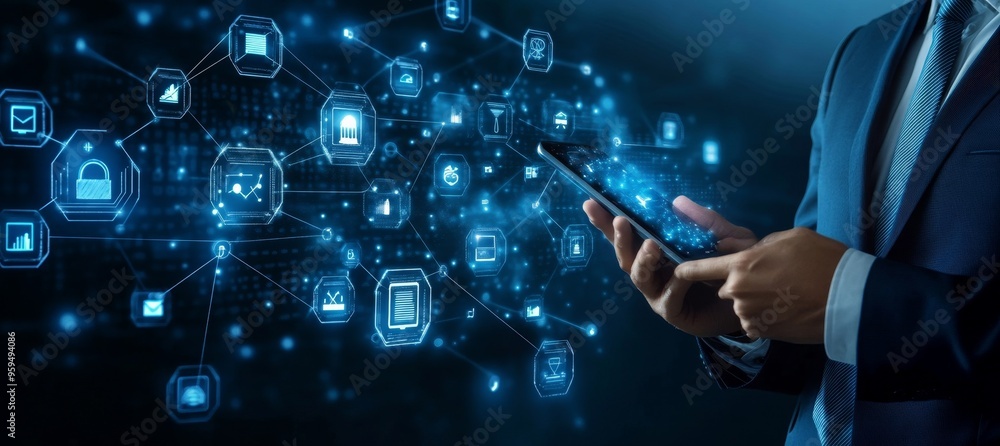Poster a businessman using a smartphone with a digital network of icons.
