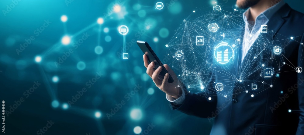 Aufkleber A businessman uses his smartphone to interact with a digital network. The network is comprised of icons representing various data and applications.