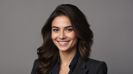 Obraz premium 自信に満ちた若いビジネスウーマンが灰色の壁の前で放つ幸せな笑顔とプロフェッショナルな姿