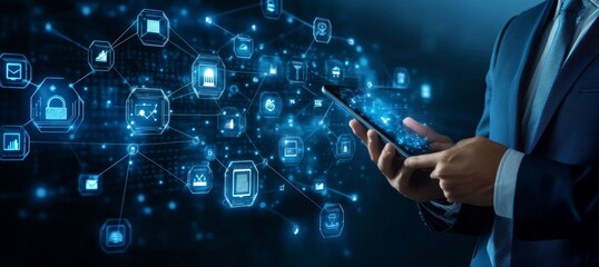 A businessman using a smartphone with a digital network of icons.
