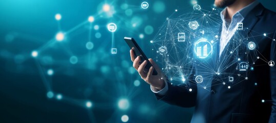 A businessman uses his smartphone to interact with a digital network. The network is comprised of icons representing various data and applications.