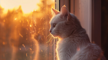 Thoughtful Cat Staring Out Window with Warm Sunset Light