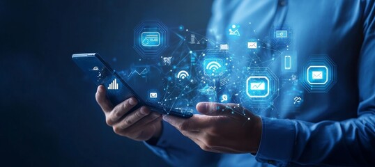 Person holding a smartphone with glowing digital icons hovering above it, representing online communication, data analysis, and social media.