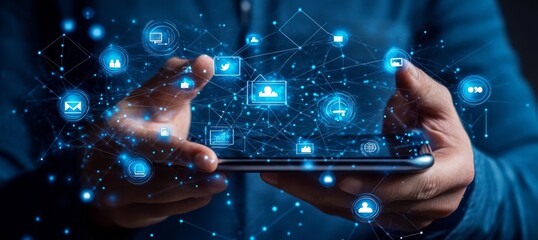 A hand holding a smartphone with a blue glowing network of social media icons.