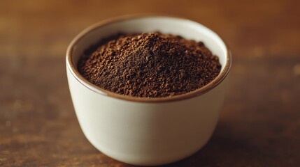 Freshly Ground Dark Roasted Coffee Beans in a White Ceramic Cup on a Wooden Table