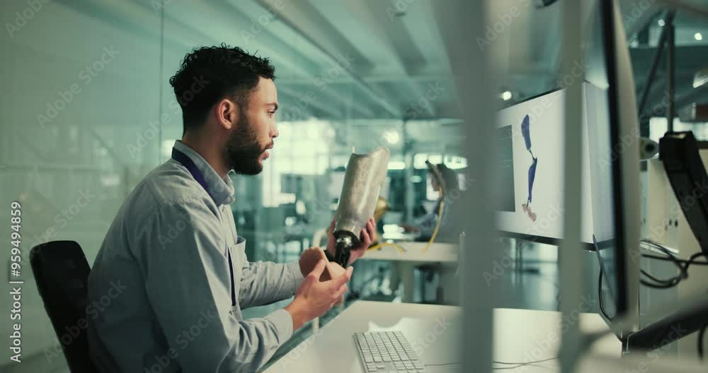 Poster Man, developer or technology with prosthetic leg for research, 3d modeling or artificial body part at office. Young, male person or prosthetist with synthetic limb for amputation injury or disability