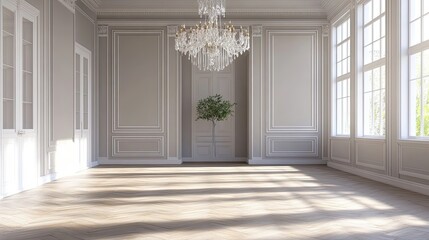 Sunlit Elegant Room with White Walls, Crown Molding, and a Crystal Chandelier