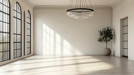 Minimalist Interior Design with Arched Windows and a Crystal Chandelier