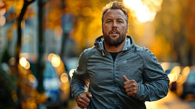 Urban Autumn Run: Focused male runner in his 40s powers through a vibrant city park, bathed in the golden glow of sunrise, embracing the invigorating chill of an autumn morning. 