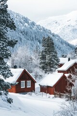 Red Cabins on Snowy Slope