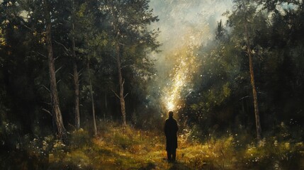 Illustration of a tourist walking on a path in a foggy forest. Ai generated image