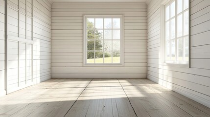 Sunlit Empty Room with White Walls and Hardwood Floor